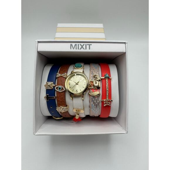 Mixit Women’s Watch & Bracelet Gift Set Gold Tone Multi Color Bands New in Box - Picture 1 of 3